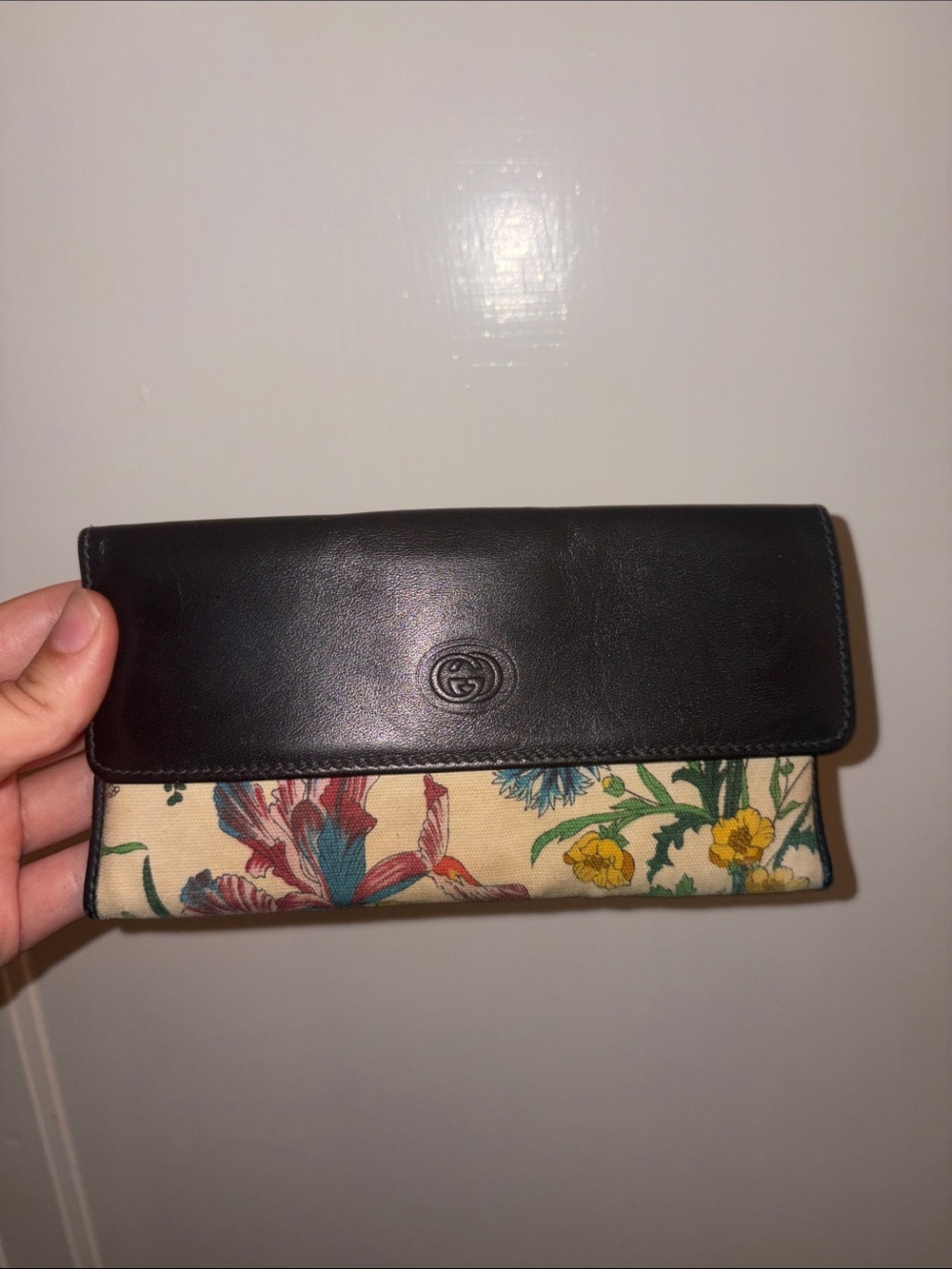 Gucci Black Leather & Floral Canvas Fold Card Holder